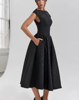 Elegant Midi Dress with Cap Sleeves & Open Back Design for Timeless Style 1