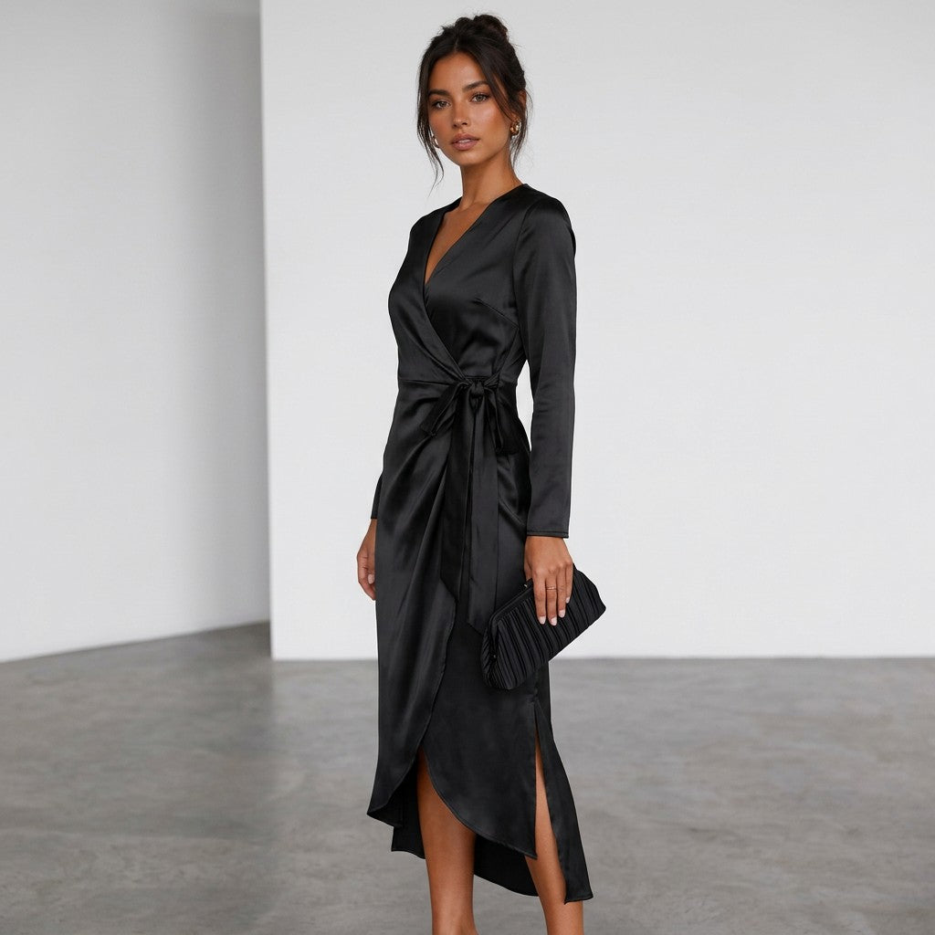 Women's Luxurious Satin Midi Dress | Elegant Wrap Style with V-Neckline 6