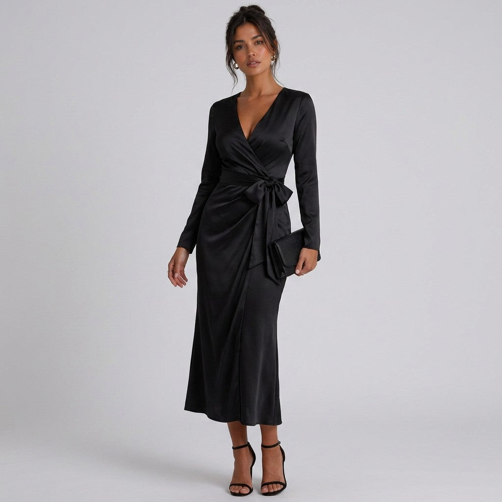 Women's Luxurious Satin Midi Dress | Elegant Wrap Style with V-Neckline 5