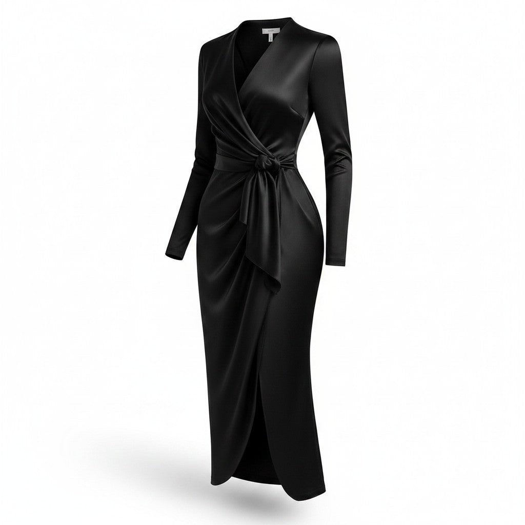Women's Luxurious Satin Midi Dress | Elegant Wrap Style with V-Neckline 9