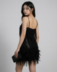 Women's Shimmering Sequin Mini Dress | Glamorous Feather Trim Party Dress 2
