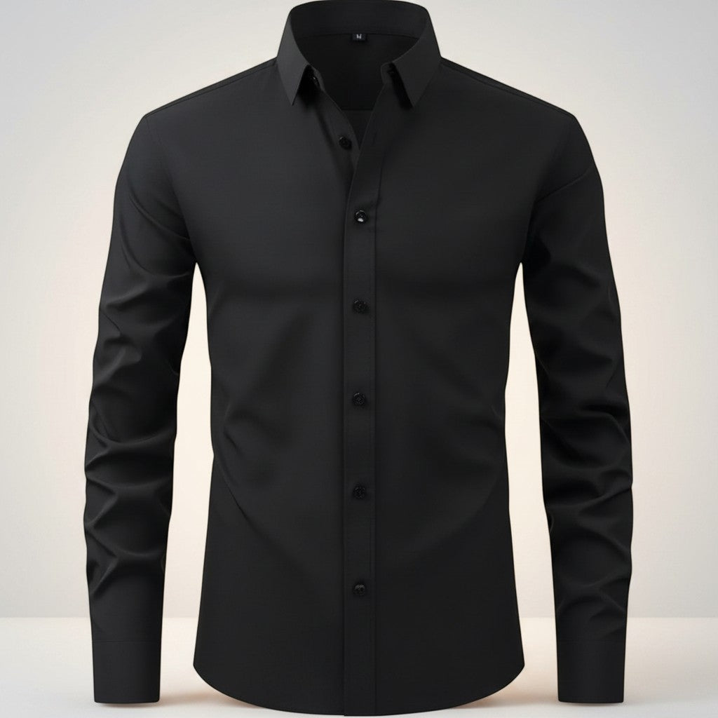 Silvorne Men's black slim-fit long-sleeve dress shirt with stretch fabric and button-down closure.