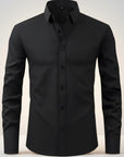 Silvorne Men's black slim-fit long-sleeve dress shirt with stretch fabric and button-down closure.