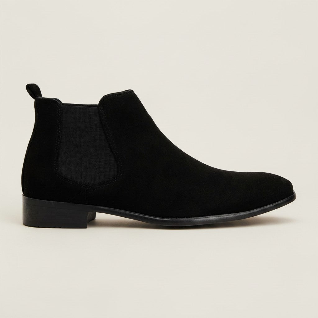 Silvorne black suede square-toe Chelsea boots with elastic side panels and a discreet heel.