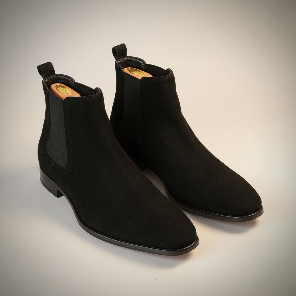 Silvorne black suede square-toe Chelsea boots with elastic side panels and a discreet heel.