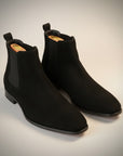 Silvorne black suede square-toe Chelsea boots with elastic side panels and a discreet heel.