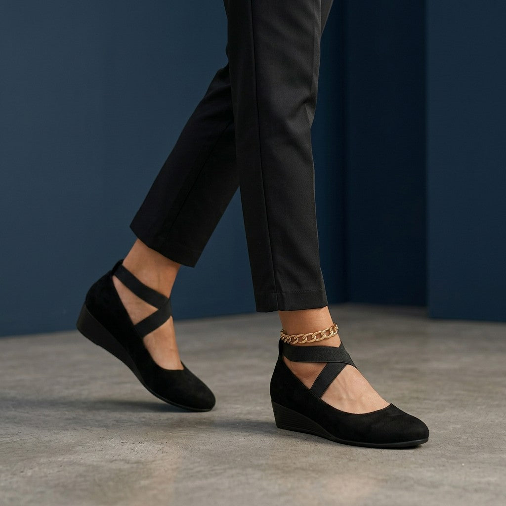 Women's Soft Suede Black Ballet Flats | Elegant Wedge Slip-On Shoes 1