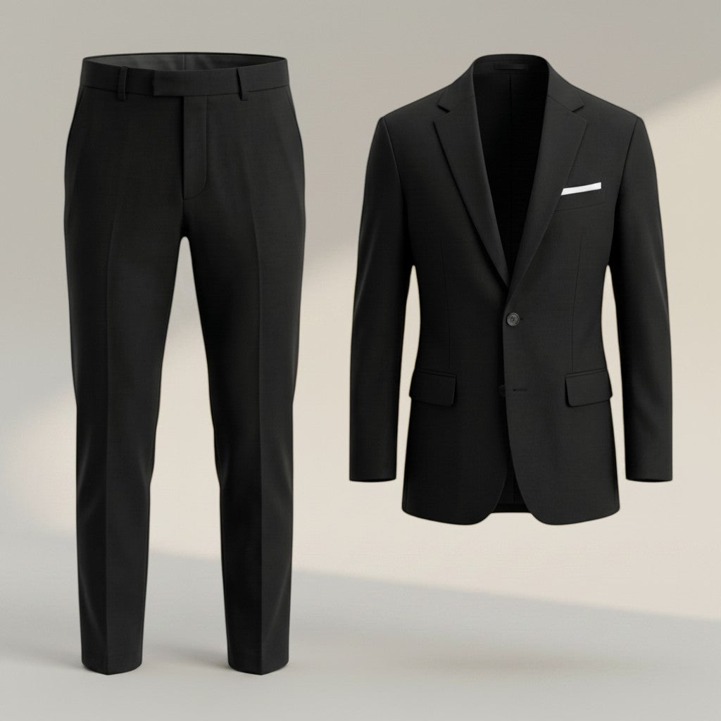 Silvorne black woven two piece suit set with tailored jacket and straight-leg trousers. Jacket features lapel collar and button closure.