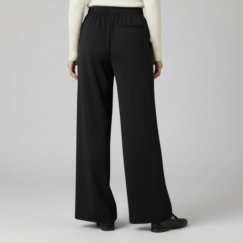 Silvorne black wide-leg trousers with elastic waistband and pleated detail, women's casual wear.