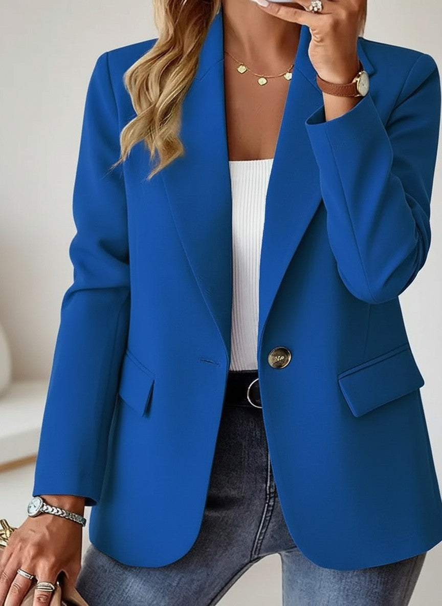 Silvorne blazer azul cobalto de manga larga para mujer, con un solo botón y cuello con muescas, ideal para la oficina.