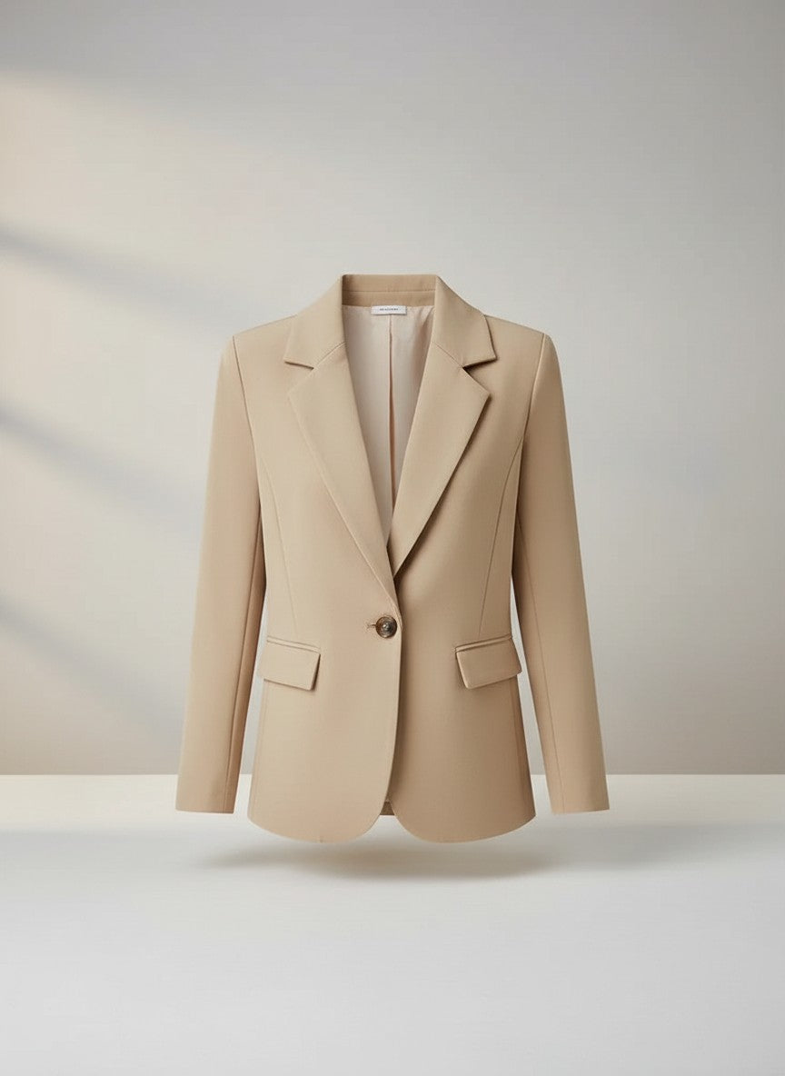 Silvorne blazer beige de manga larga para mujer, con un solo botón, cuello de muesca y bolsillos de solapa.