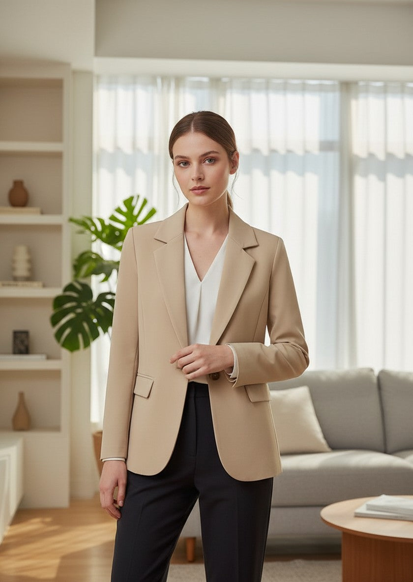 Silvorne blazer beige de manga larga con un solo botón y cuello de muesca para mujer.