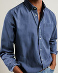 Silvorne men's slim-fit blue denim long-sleeve button-up shirt with turn-down collar and chest pocket.