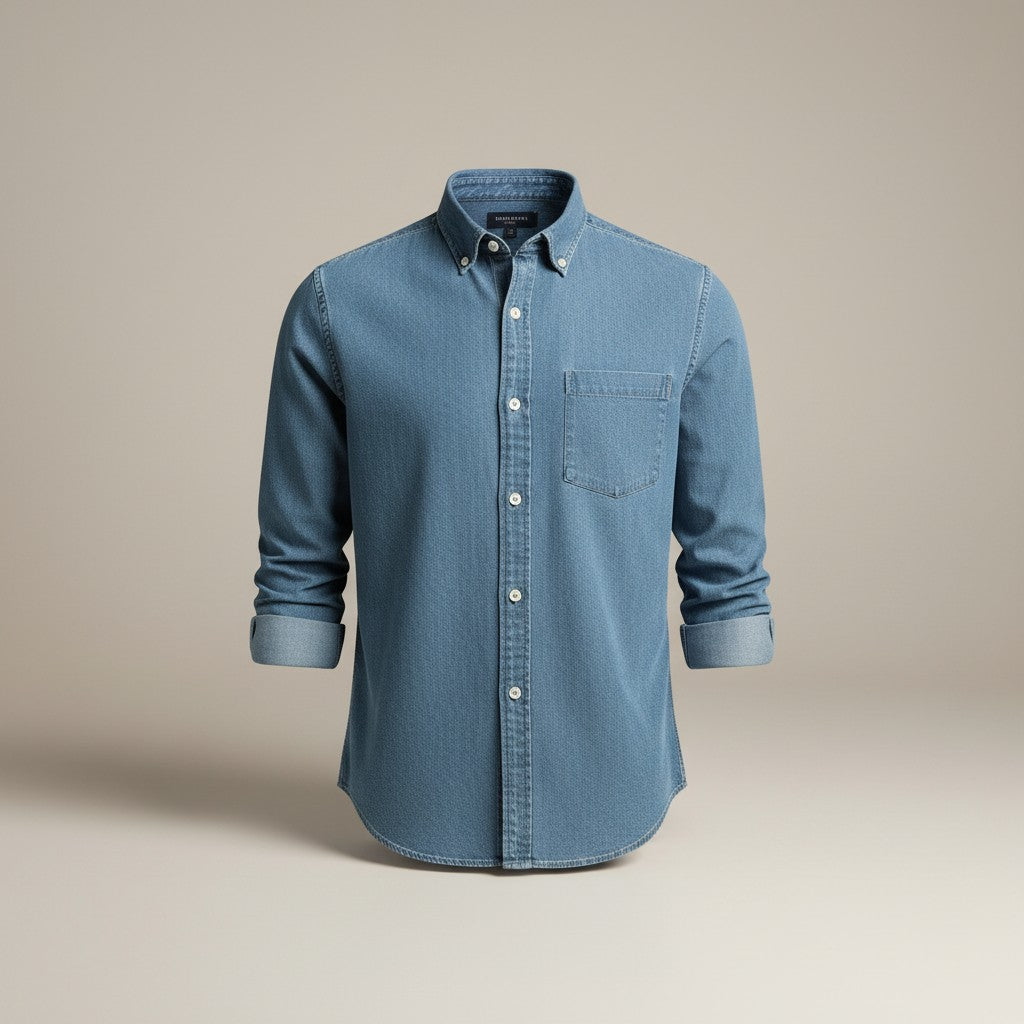 Silvorne men's light blue denim long-sleeve shirt with a turn-down collar and chest pocket. Slim fit.