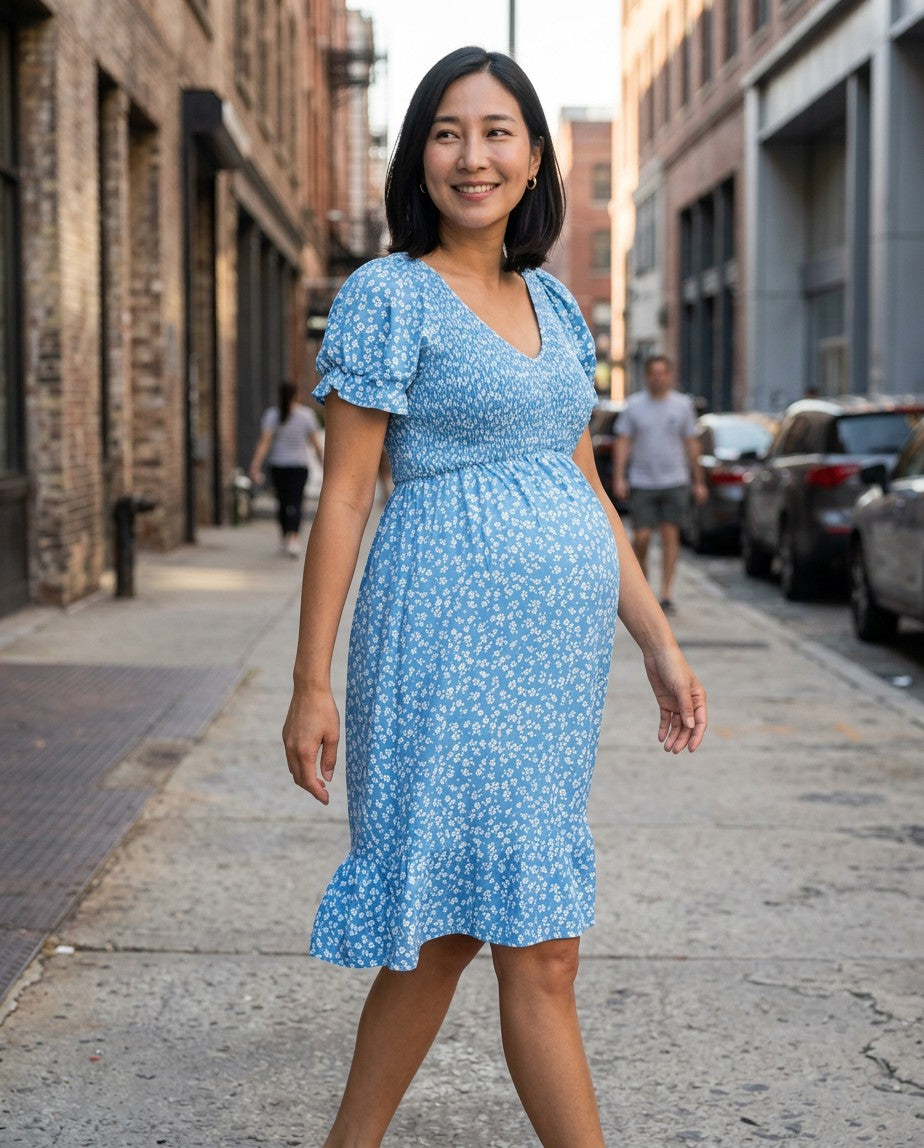 Women's Soft Floral Maternity Dress | Elegant Flutter Sleeve V-Neck Gown for Baby Shower 2