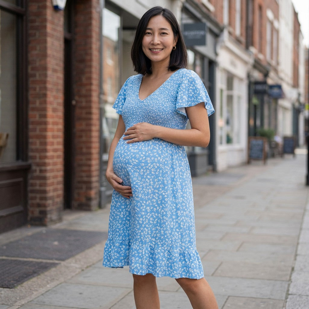 Women's Soft Floral Maternity Dress | Elegant Flutter Sleeve V-Neck Gown for Baby Shower 1