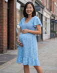 Women's Soft Floral Maternity Dress | Elegant Flutter Sleeve V-Neck Gown for Baby Shower 1