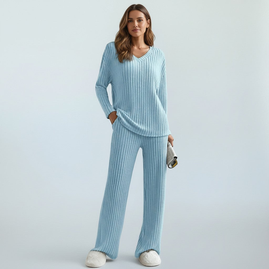 Silvorne light blue ribbed knit V-neck loungewear set with wide leg pants.