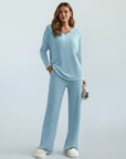 Silvorne light blue ribbed knit V-neck loungewear set with wide leg pants.