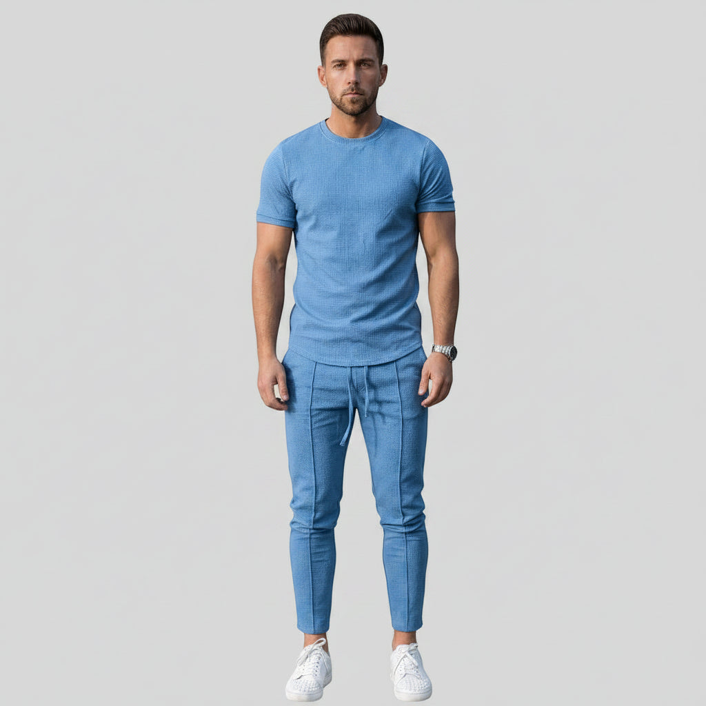 Silvorne men's blue textured short-sleeve top and matching drawstring pants set. Relaxed fit, casual style.