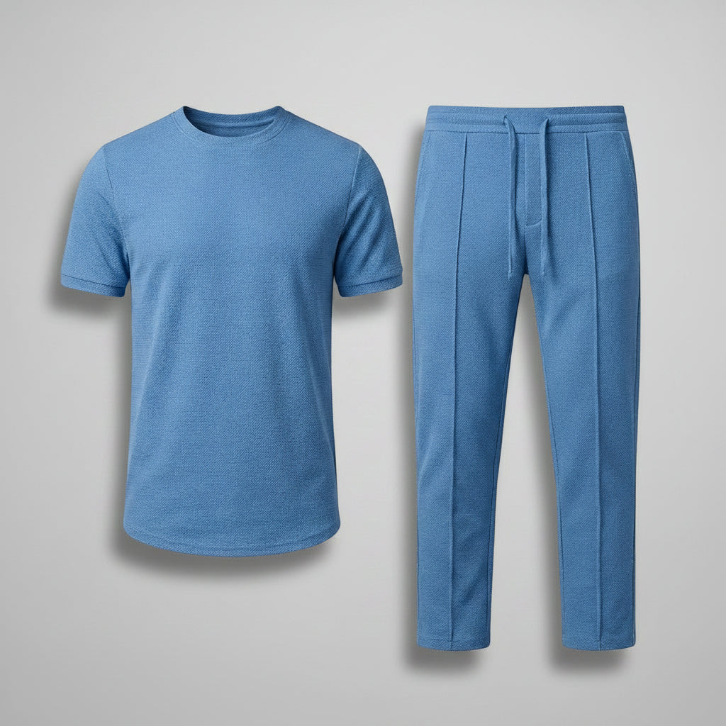 Silvorne men's blue textured knit 2-piece set with relaxed-fit t-shirt and matching drawstring pants.