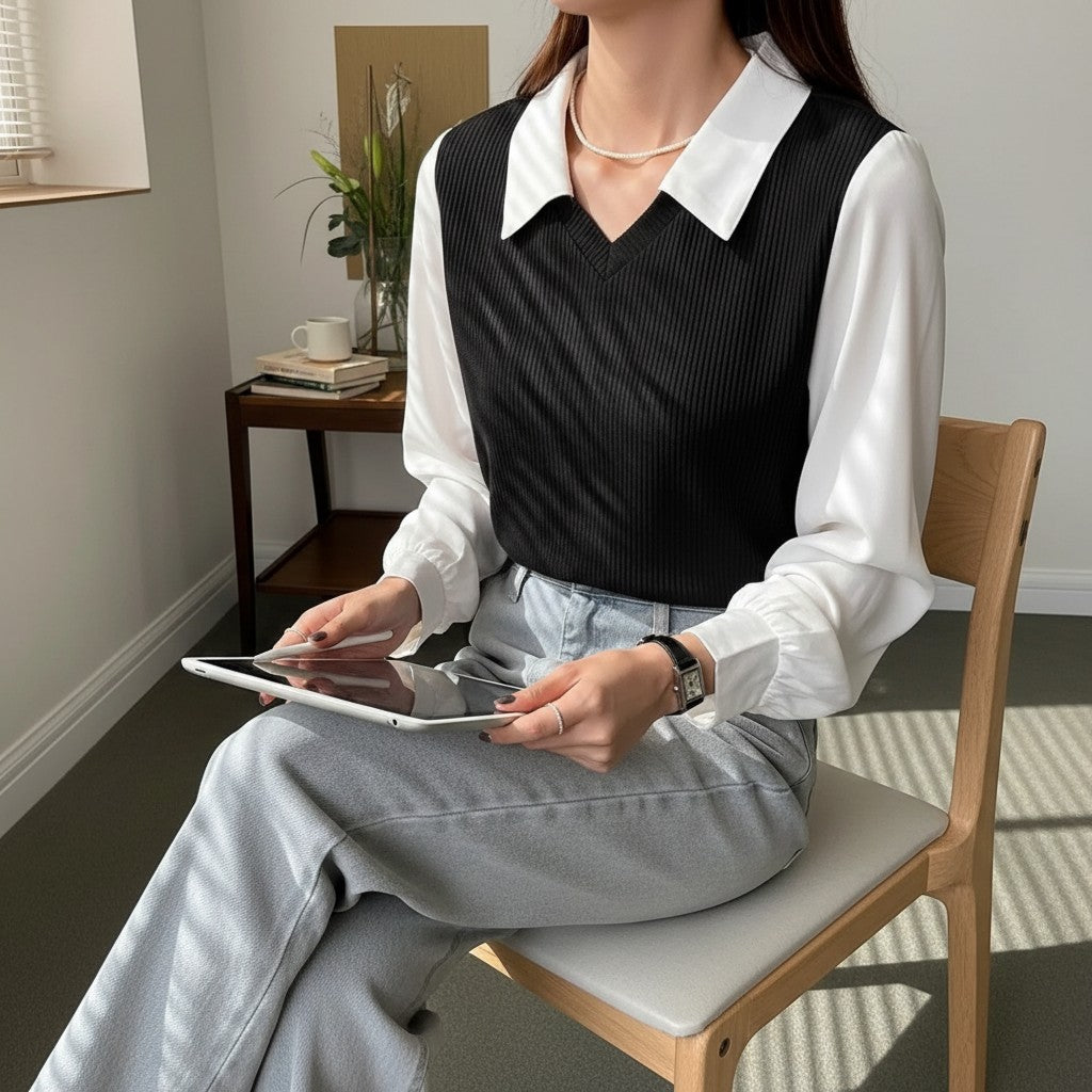 Silvorne blusa de poliéster elegante para mujer, diseño de dos piezas falsas, cuello polo, manga larga, color blanco y negro.