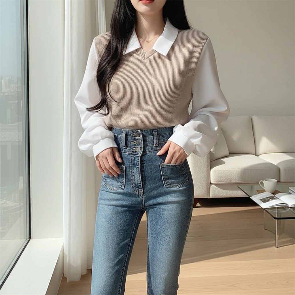 Silvorne blusa de poliéster color beige y blanco, manga larga, cuello polo, estilo falso dos piezas, holgada.