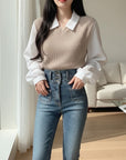 Silvorne blusa de poliéster color beige y blanco, manga larga, cuello polo, estilo falso dos piezas, holgada.