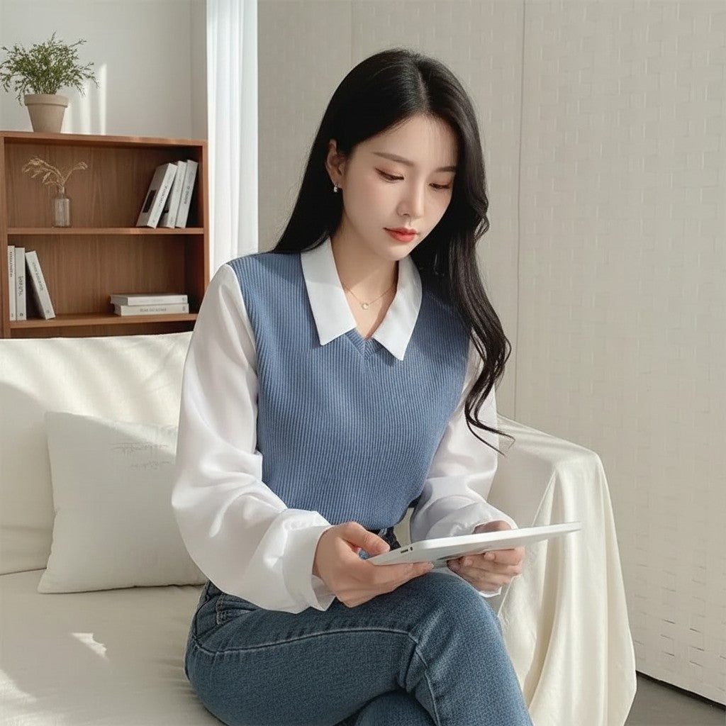 Silvorne blusa de poliéster azul y blanco de manga larga con cuello polo y diseño de dos piezas falsas.