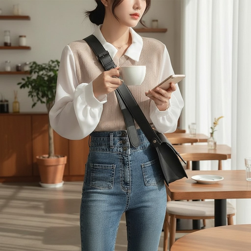 Silvorne blusa de poliéster blanco y beige de manga larga con cuello polo y diseño de dos piezas falsas.