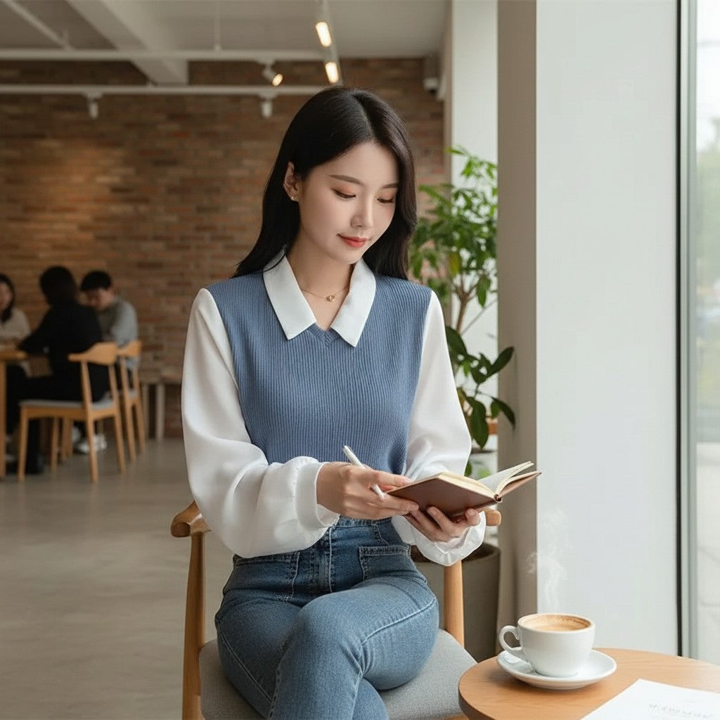 Silvorne blusa de poliéster azul y blanco de manga larga con cuello polo, estilo falso de dos piezas.