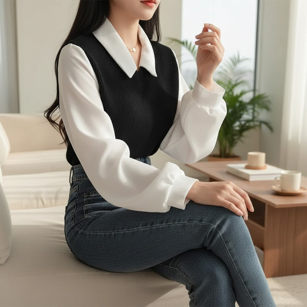 Silvorne blusa de poliéster blanco y negro con cuello polo y mangas abullonadas