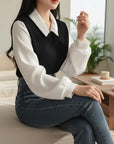 Silvorne blusa de poliéster blanco y negro con cuello polo y mangas abullonadas