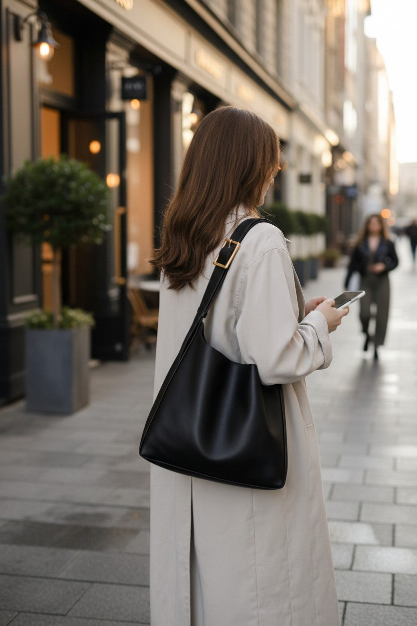 Silvorne Bolso negro de cuero suave con hebilla dorada y correa ajustable, estilo slouchy.