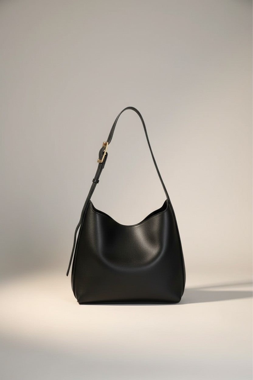 Silvorne bolso negro de hombro suave con hebilla dorada y correa ajustable