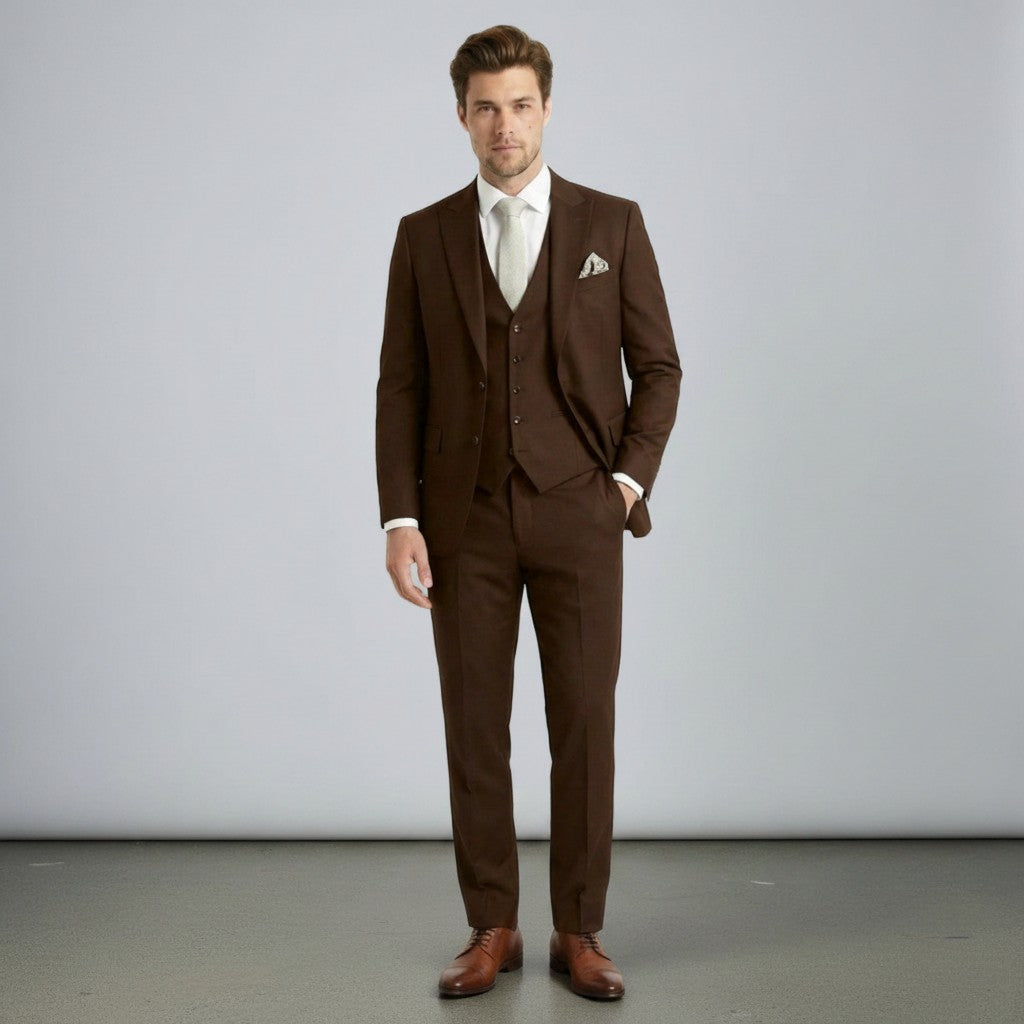 Silvorne men's brown three-piece suit with single-breasted one-button jacket, waistcoat, and tailored trousers. Features peak lapels and a pocket square.