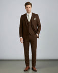 Silvorne men's brown three-piece suit with single-breasted one-button jacket, waistcoat, and tailored trousers. Features peak lapels and a pocket square.
