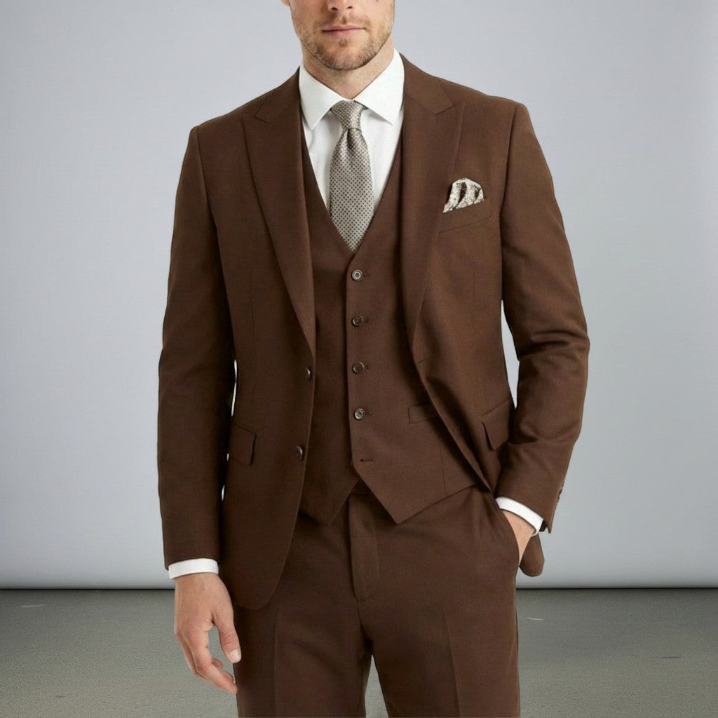 Silvorne men's brown woven fabric three-piece suit with single-breasted one-button jacket, waistcoat, and tailored trousers.
