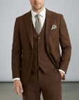 Silvorne men's brown woven fabric three-piece suit with single-breasted one-button jacket, waistcoat, and tailored trousers.