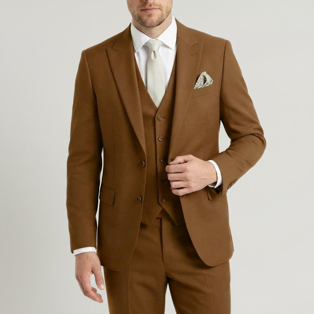 Silvorne men's brown 3-piece suit with single-breasted one-button jacket, waistcoat, and tailored trousers. Features peak lapels and a patterned pocket square.