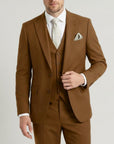 Silvorne men's brown 3-piece suit with single-breasted one-button jacket, waistcoat, and tailored trousers. Features peak lapels and a patterned pocket square.