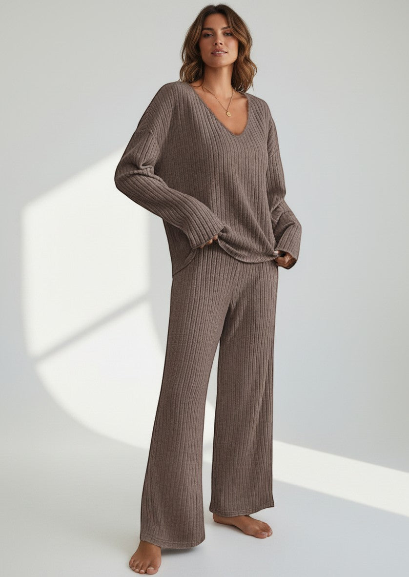 Silvorne women's brown ribbed knit V-neck loungewear set with wide leg pants.