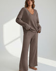 Silvorne women's brown ribbed knit V-neck loungewear set with wide leg pants.