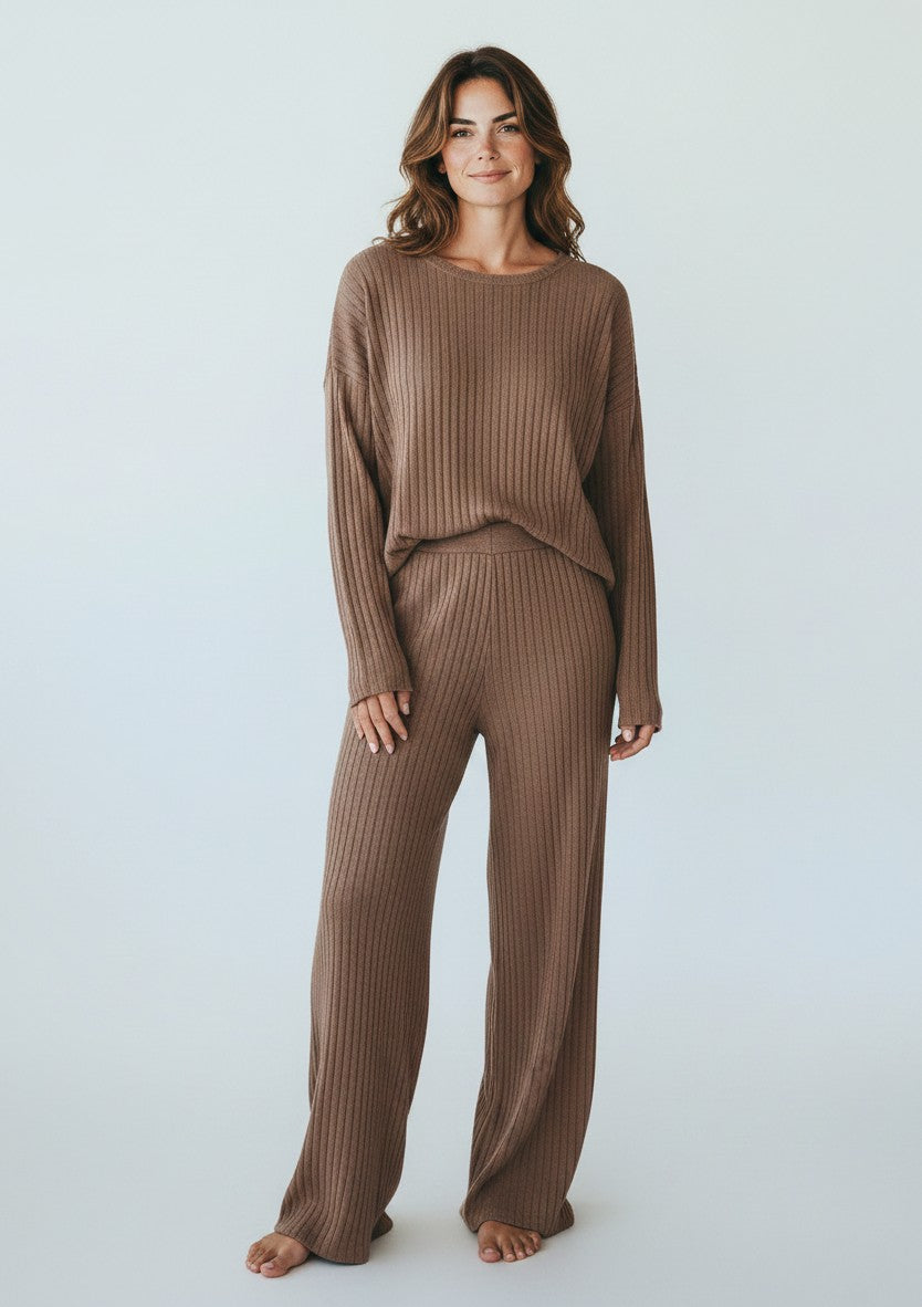 Silvorne women's brown ribbed knit loungewear set with V-neck top and wide leg pants.