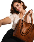 Women's Durable Faux Leather Tote Bag | Spacious Cognac Everyday Handbag 1