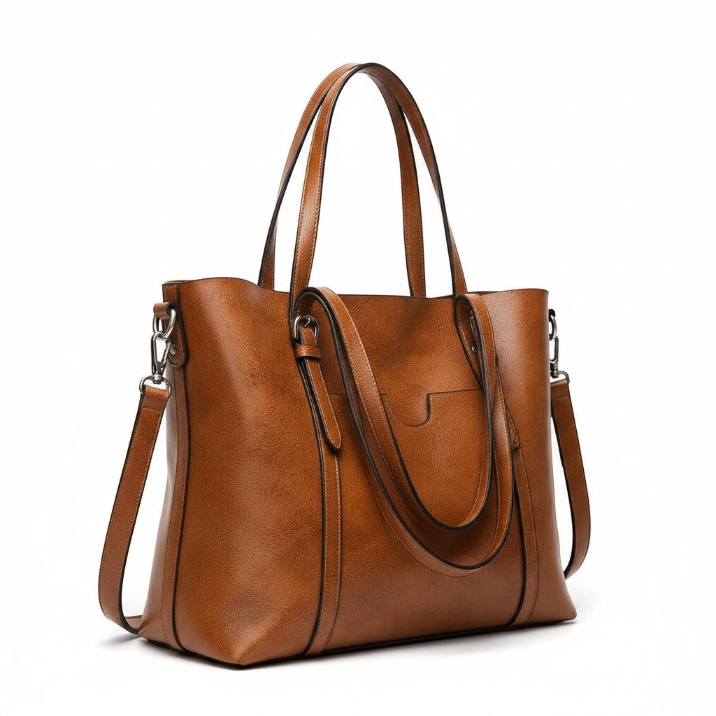 Women's Durable Faux Leather Tote Bag | Spacious Cognac Everyday Handbag 7