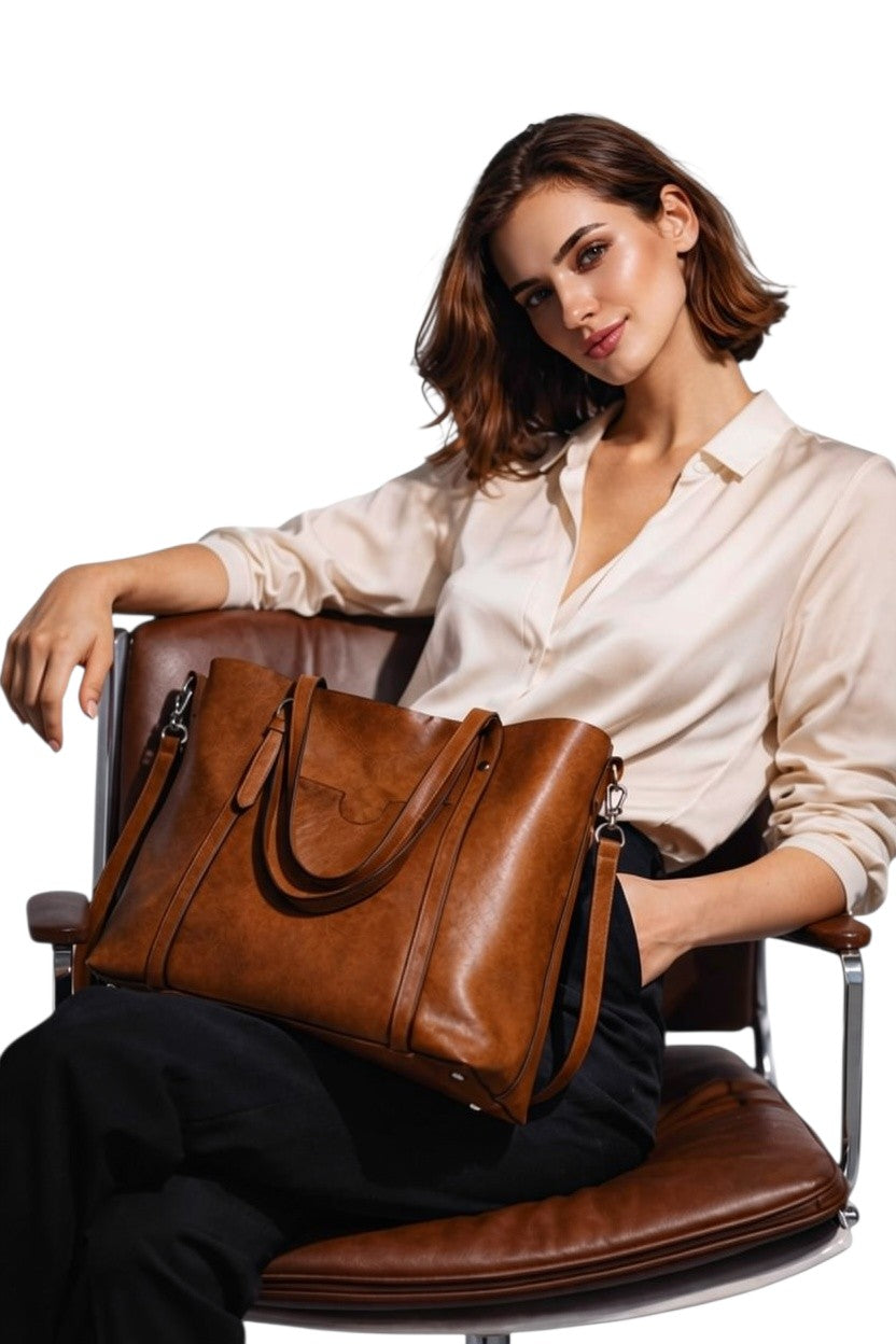 Women's Durable Faux Leather Tote Bag | Spacious Cognac Everyday Handbag 4