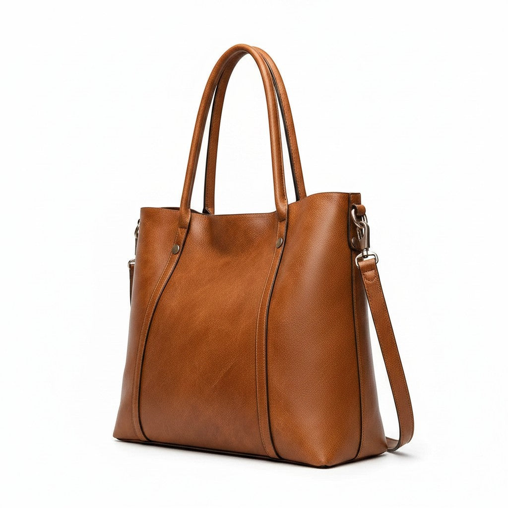 Women's Durable Faux Leather Tote Bag | Spacious Cognac Everyday Handbag 6