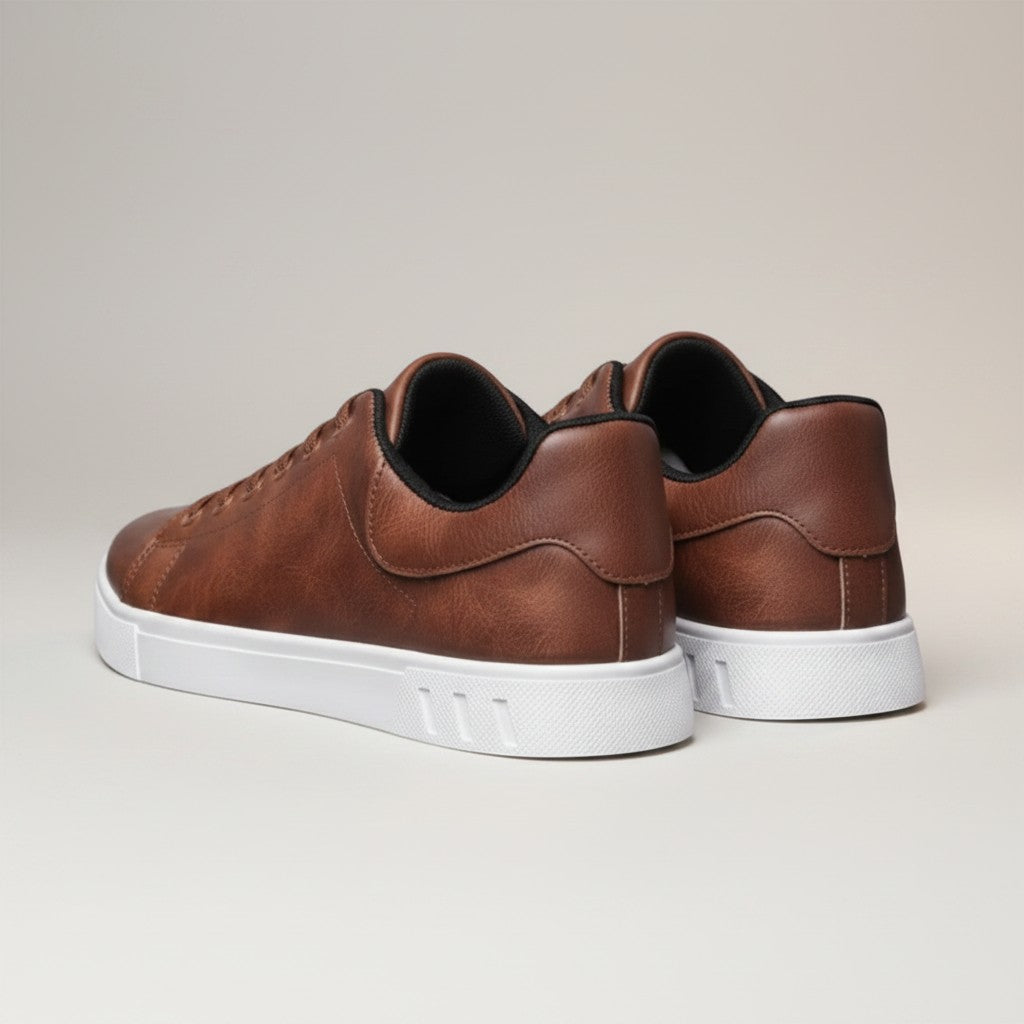 Silvorne men's brown leather-look low top sneakers with white soles and black trim.