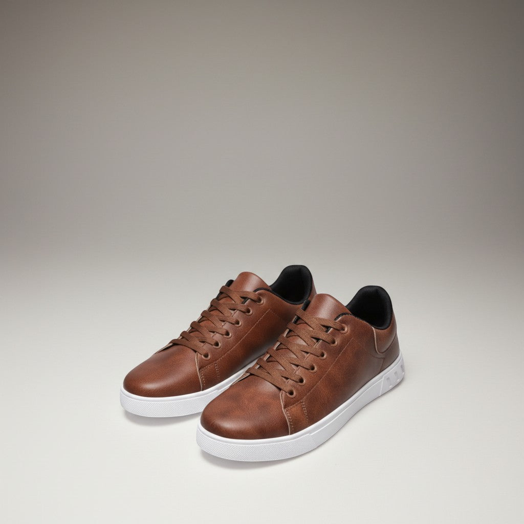 Silvorne men's brown leather-look low top trainers with white soles and black lining.